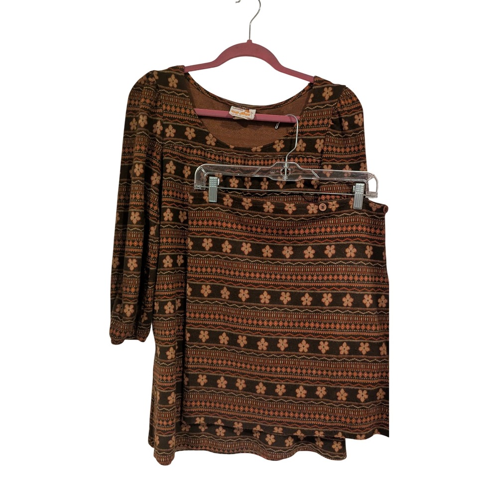 US Rags 2 Piece Skirt Set M Brown Orange Floral‎ Knit Boho Retro Made in USA